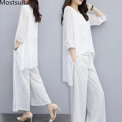 S-3xl Summer Chiffon 2 Two Piece Sets Outfits Women Asymmetrical Blouses And Wide Leg Pants Suits Elegant Korean Sets