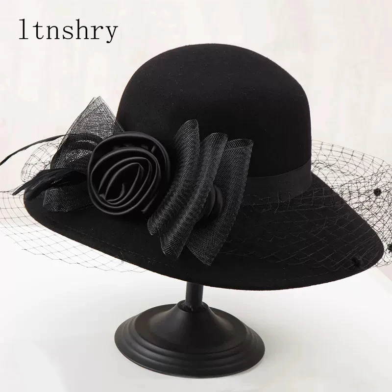 Elegancki damski kapelusz fedora z wełny filcowej z szerokim rondem, melonik, kapelusz typu cloche, jesienno-zimowy kapelusz do kościoła, chapeau femme, czapki, bordowy, czarny.