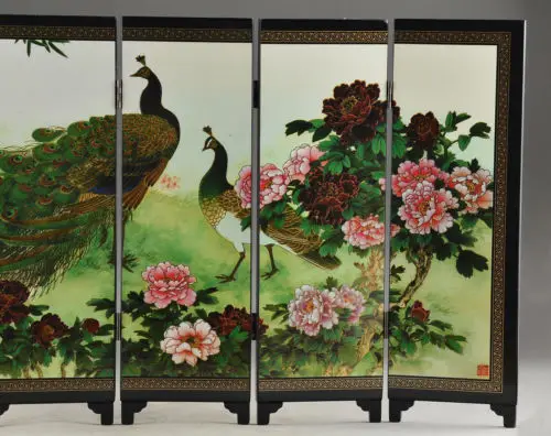 Details Old about Superb Beautiful Oriental Lacquer Handwork Painting peafowl fold screen