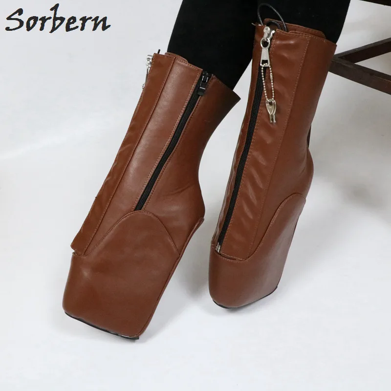 Sorbern Calf Ballet Wedge Boot Women Large Size 44 Zip Lockable Hoof Heelless Pinup Brown Matte Shoes Unisex Fetish Heels New