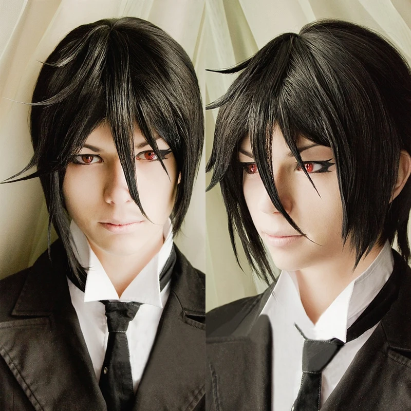 Top Quality Kuroshitsuji Black Butler Sebastian Michaelis Short Black Heat Resistant Anime Cosplay Costume Wig + Track + Wig Cap