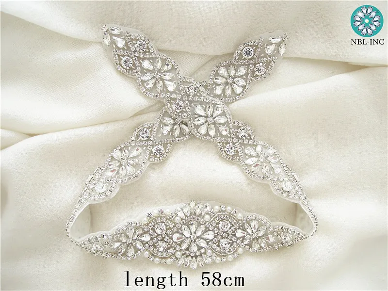 (10pcs) Handmade bridal silver clear beaded crystal rhinestone appliques iron on for wedding dresses DIY sash belt  WDD0209