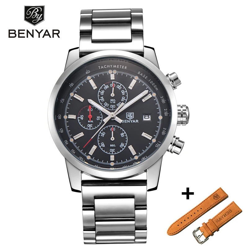 

Benyar Men Watch Set Top Brand Luxury Male Leather Quartz Chronograph Military Waterproof Wrist Watch Men Sport Clock relojes