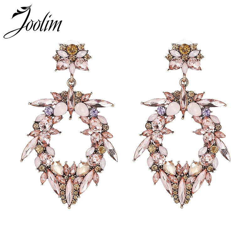 JOOLIM Jewelry Wholesale Pink Crystal Piercing Oval Glimmer Hot Trendy Dangle Earring For Women