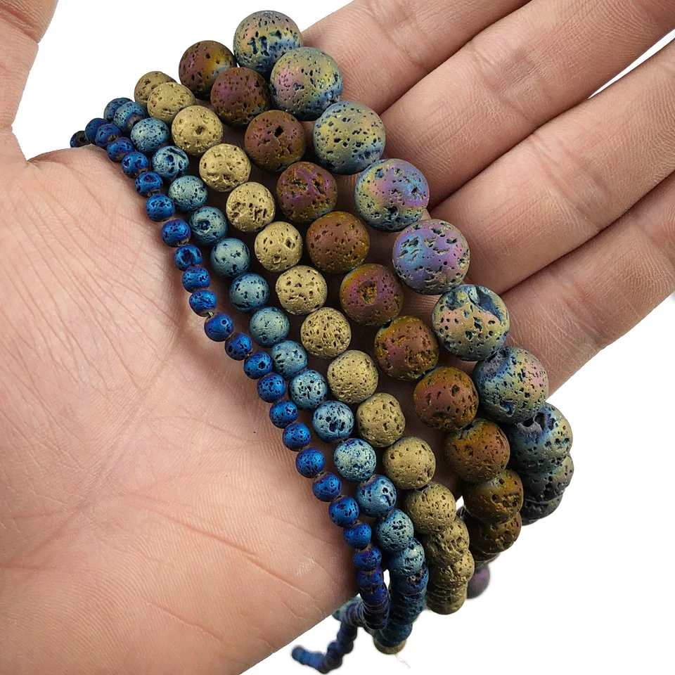 Purple,Gold Colour,Green,Silver Plated Lava Natural Stone Round Loose Beads Handmade Jewelry Bracelets Making DIY Accessories