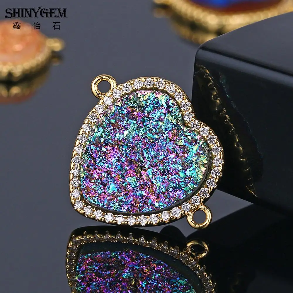 ShinyGem 18mm Heart Shape Natural Crystal Druzy Connectors Charm Gold Plating Inlay Zircon Gem For Diy Jewelry Making Necklace