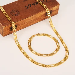 7mm Chain Chunky 60cm&21cm Fashion Gold Color Jewelry Men Necklace Sets Wholesale Trendy Figaro Chain Necklace Bracelet Sets