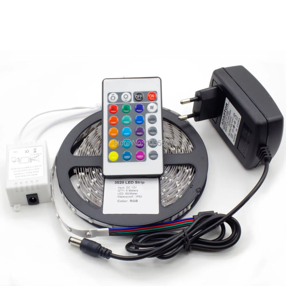 5M 3528 300 SMD Flexible LED Strip Light + 24 keys IR Remote Controller +12V 2A Power Adapter