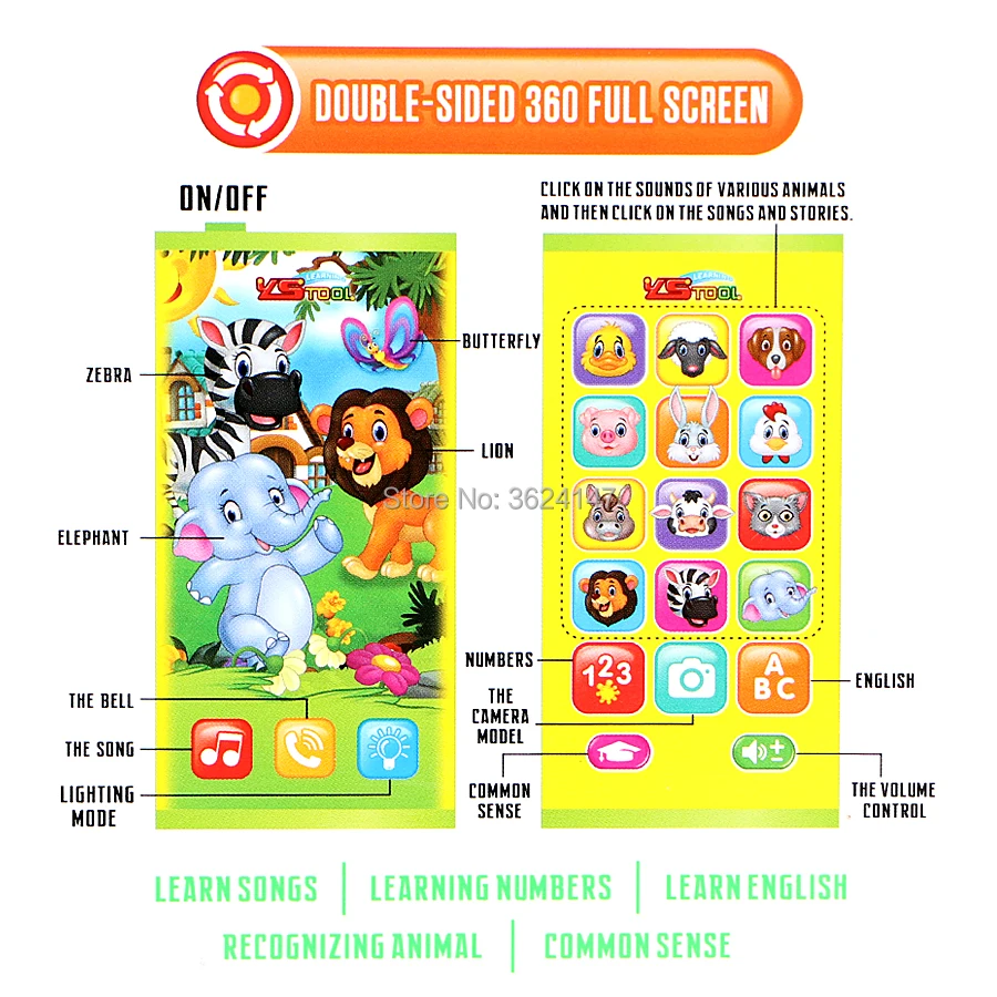 Cartoon English recognizing Animal toy phone elettrico, a doppia faccia 360 a schermo intero 23 diverse funzioni giocattoli di apprendimento intelligenti