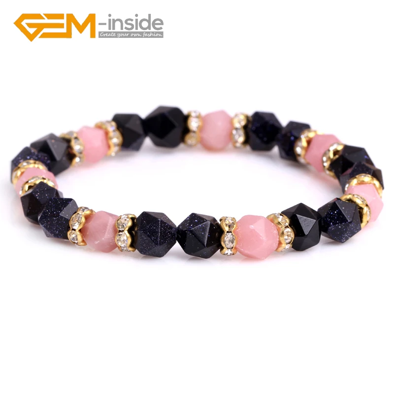 8/10mm Faceted Blue Sandstone/Multi-color Amazonite/Rutilated Quartzs Faceted/ Pink Opal Gem stone Bead Elastic Bracelet Jewelry