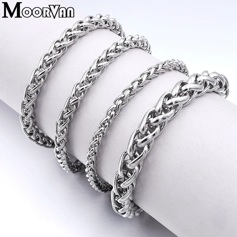 Men Bracelet Silver Color Stainless Steel Wheat Link Chain Bracelets Male Jewelry Hip Hop Gift 4/5/6/8mm Rock PUNK