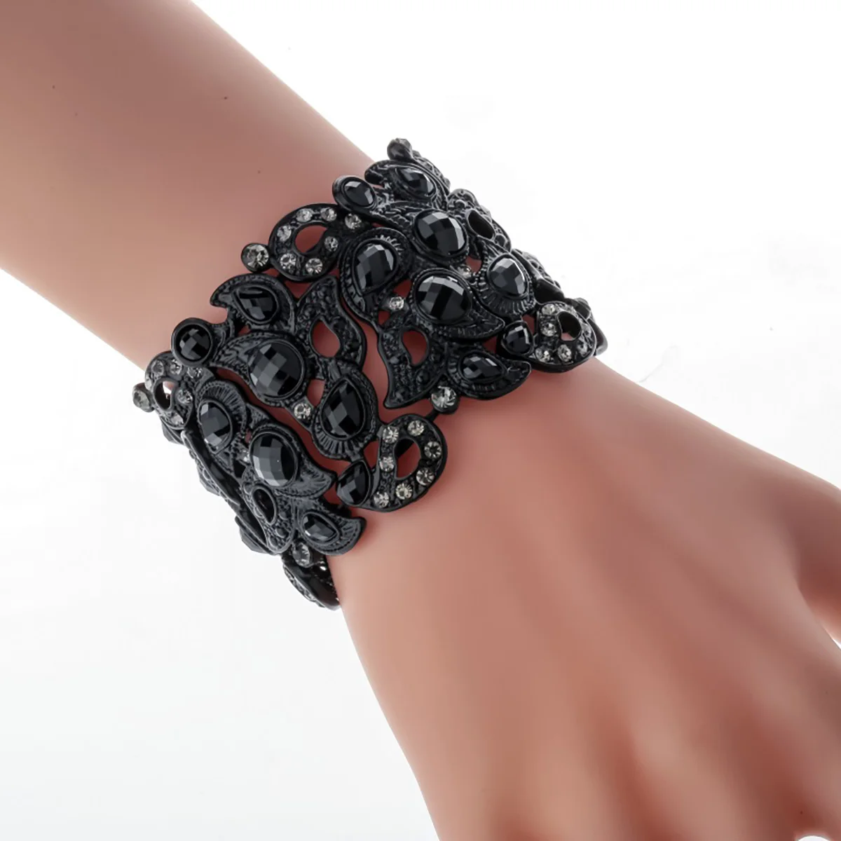 YACQ Stretch Bracelet Vintage Flower Crystal Women Fashion Jewelry Gifts B10 Wholesale Dropshipping Black Gold Silver Color