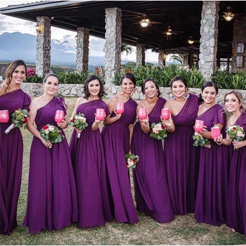 Elegante vestido de dama de Honor de un hombro, volantes, mangas cortas, púrpura oscuro, gasa larga, vestidos de dama de Honor, vestidos de fiesta de boda