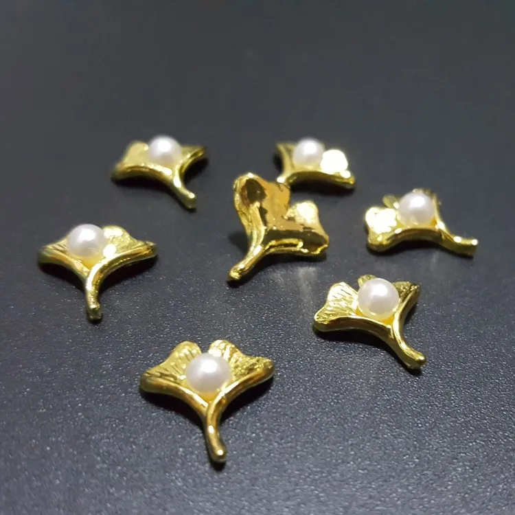 new 50pcs alloy Ginkgo biloba with pearls nail art charms gold Japanese nail jewelry decoration nail metal flower parts