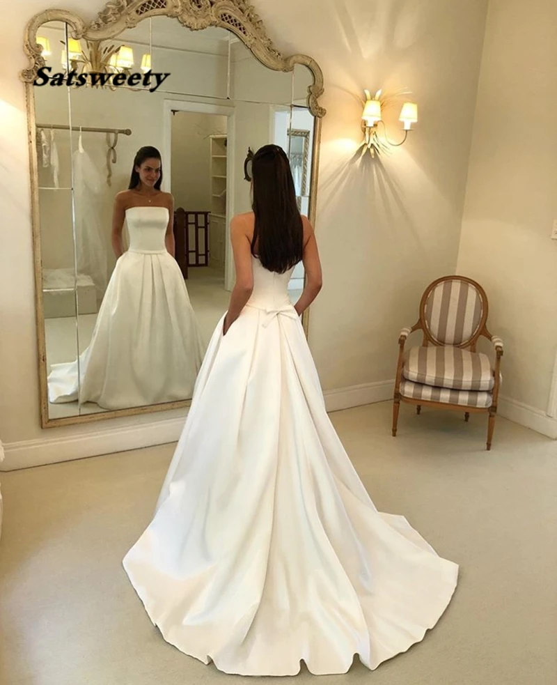 Top Quality Simple Boho A-line Wedding Dresses Strapless Satin Draped Bridal Dress Bow Sashes Vestidos De Noiva Bride Dresses