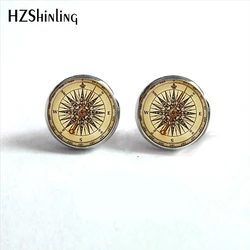 NES-0093 Vintage Compass Earrings Compass Ear Nail Nautical Earring Old World Sailing Glass Dome Earrings HZ4