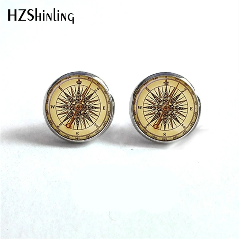 NES-0093   Vintage Compass Earrings Compass Ear Nail Nautical Earring Old World Sailing Glass Dome Earrings HZ4