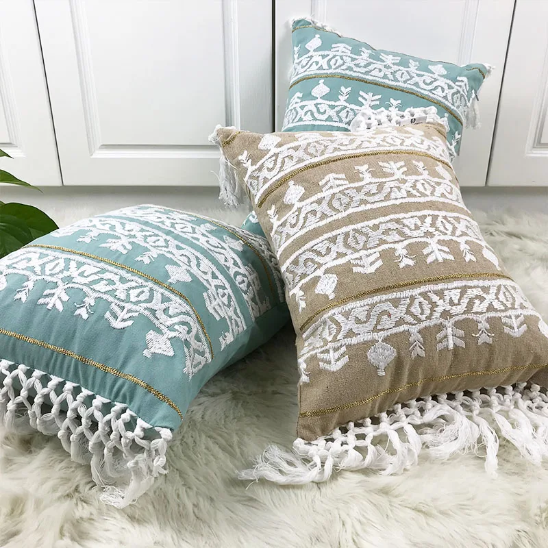 Linen Embroidery Cushion Cover Grey Blue Khaki Ethical Floral Pillow Case with Tassels For Sofa Seat Simple Home Decor 35*45cm