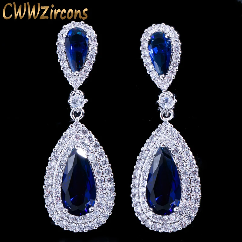 CWWZircons Stunning White Cubic Zirconia Stone Setting Luxury Water Drop Long Royal Blue Earring Women Party Jewelry CZ296