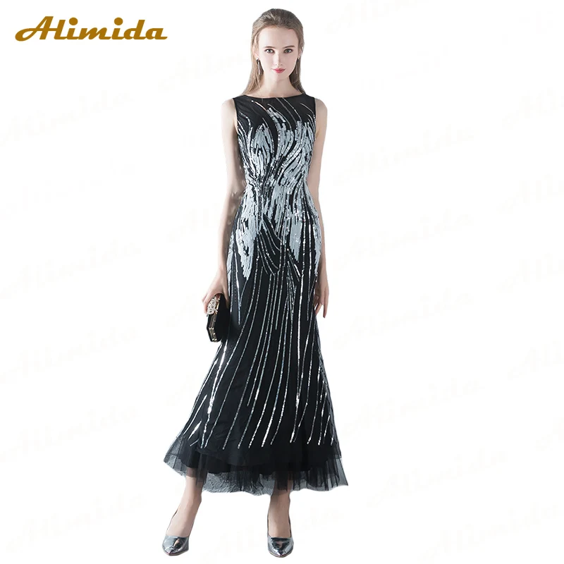 

ALIMIDA 2018 New Arrival Black mermaid Evening Dress Ankle-Length Sequins Prom Dresses Banquet Formal Dress robe de soiree