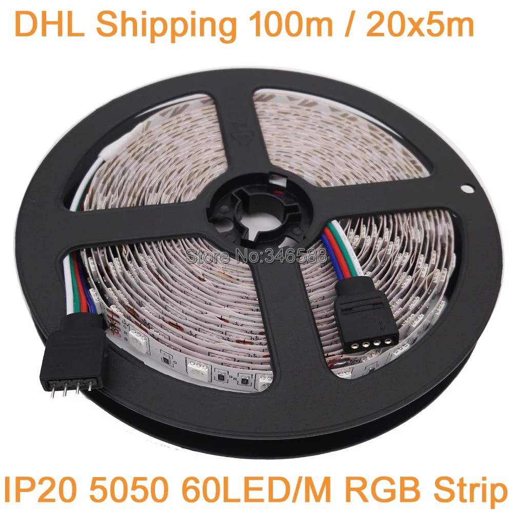 

DHL Shipping 100M 20x5M 12V 5050 RGB LED Strip Light 60LED/M DC12V Flexible LED Tape Ribbon, RGB Multi-Color IP20 Non-Waterproof