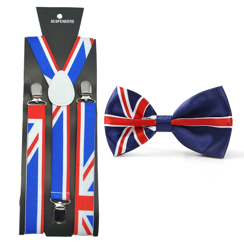 Kobiety Mężczyźni Suspender For Trousers Pants Holder Bowtie Set Y-Shape British flag Brace Gallus Office Casual Bowtie Set Gift Cravat