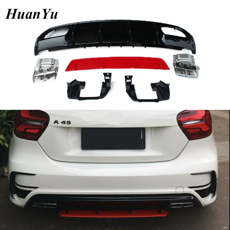 W176 Sport Diffuser ABS with Stainless Steel Exhaust Tips 4-outlets for Mercedes-Benz A Class Rear Bumper 2013-2018