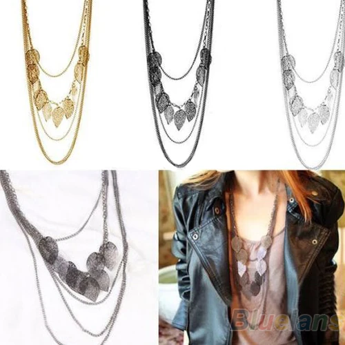 Womens Bohemia Style Leaf Pendant Multi-layer Necklace Long Sweater Chain Pendant