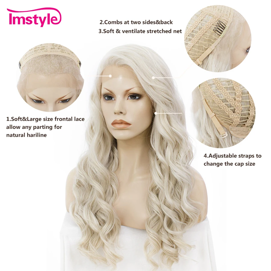 Imstyle Ash Blonde Wig Synthetic Lace Front Wig Long Wavy Cosplay Wigs Heat Resistant Fiber Wigs For Women 24 Inches