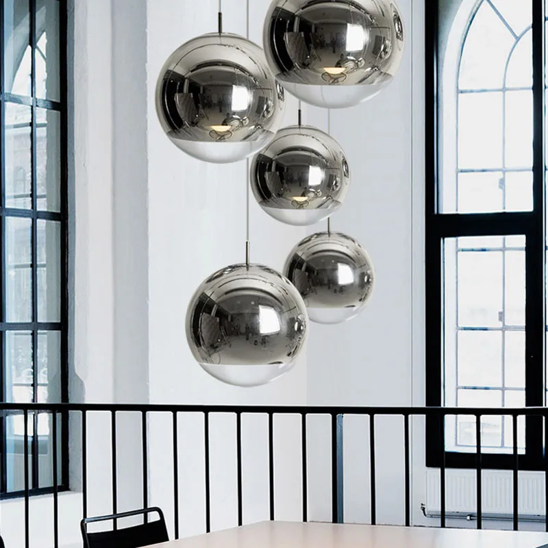 Modern Nordic LED Clear Glass Globe Round Ball Mirror Pendant Lights Hanging Lighting for Dining Room Restaurant Hanglamp Lamp