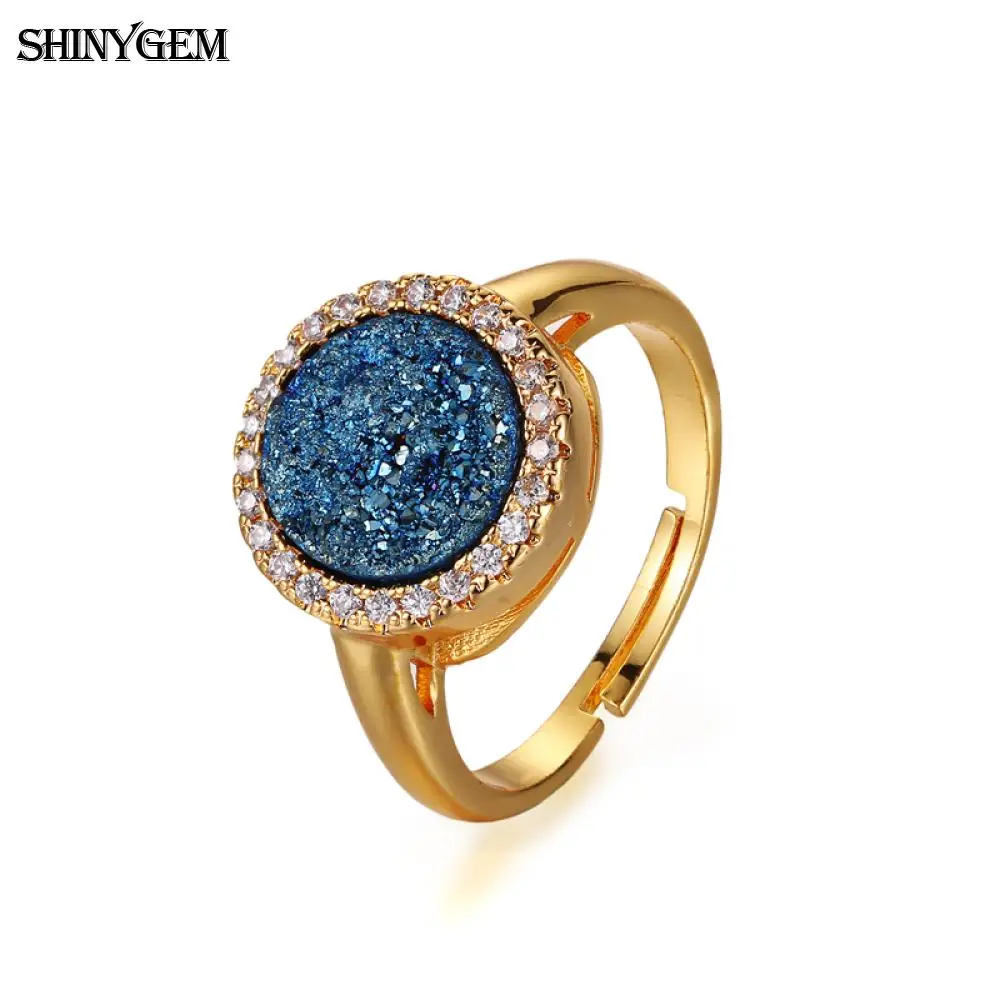 

ShinyGem 10mm Round Druzy Wedding Rings Elegant Big Crystal Love Rings For Women Gold Plating Adjustable Big Druzy Stone Rings