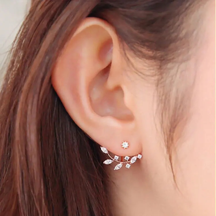 For Women Rose Gold Color Double Sided Fashion Jewelry Earrings Female Ear Brincos Pending 2018 Flower Crystals Stud Earring