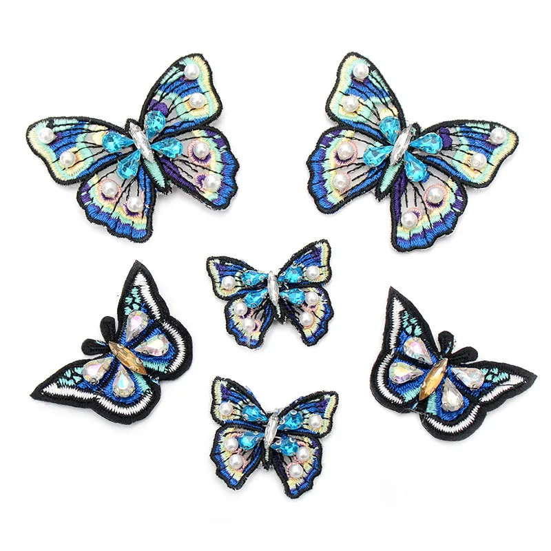 AHYONNIEX Brand 1pcs Blue Butterfly beads rhinestones patches sew on beading applique clothes shoes bags decoration patch DIY