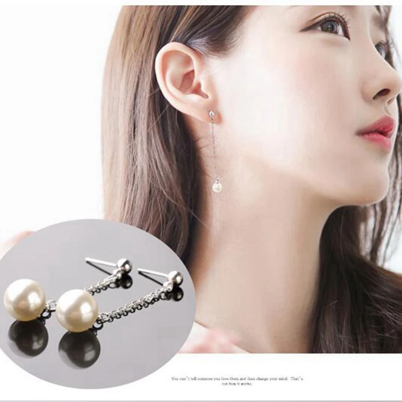 OMHXZJ Wholesale  temperament Elegant Simple Fashion for Woman Gift Pearl 925 Sterling Silver Long Tassel Stud Earrings YS252 image 5