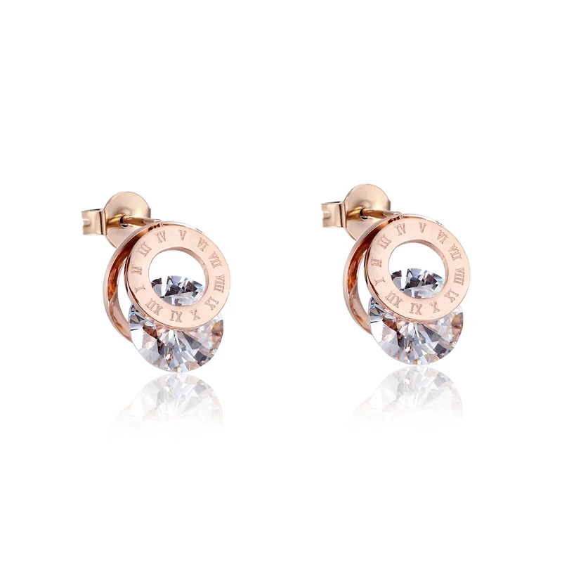 Recién llegado, pendientes de tuerca de cristal brillante con Clip redondo de números romanos para mujer, joyería de acero inoxidable para mujer, regalo al por mayor
