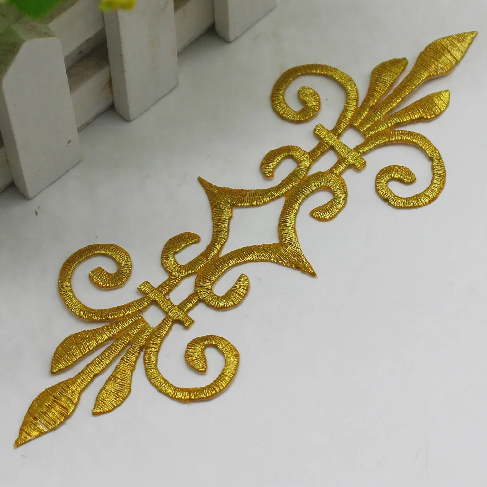 Gold Embroidery Patches Iron On Gold And Silver Applique Ironing Cosplay Costume Flowers Trims 17.5cm*6cm