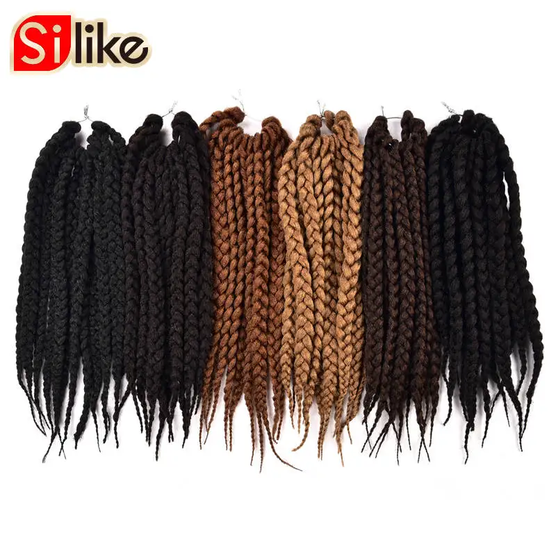 Silike 12 "18" 22 "الكروشيه مربع الضفائر الاصطناعية الشعر جذور 12 ألوان نقية الكروشيه تجديل الشعر ملحقات 90-100g 1 حزمة/وحدة