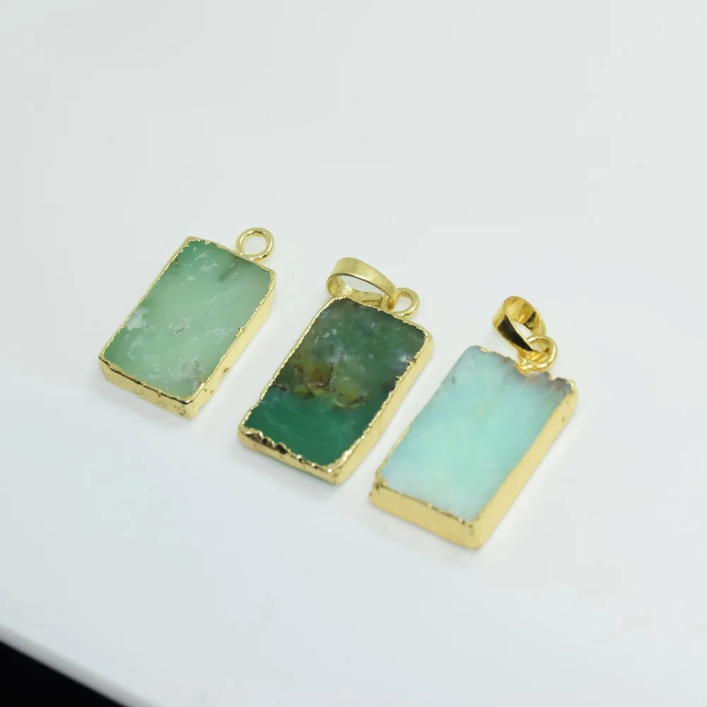 Gold Plated Natural Green Chrysoprase Stone jade pendant for women jewelry making rectangle frame semiprecious raw healing