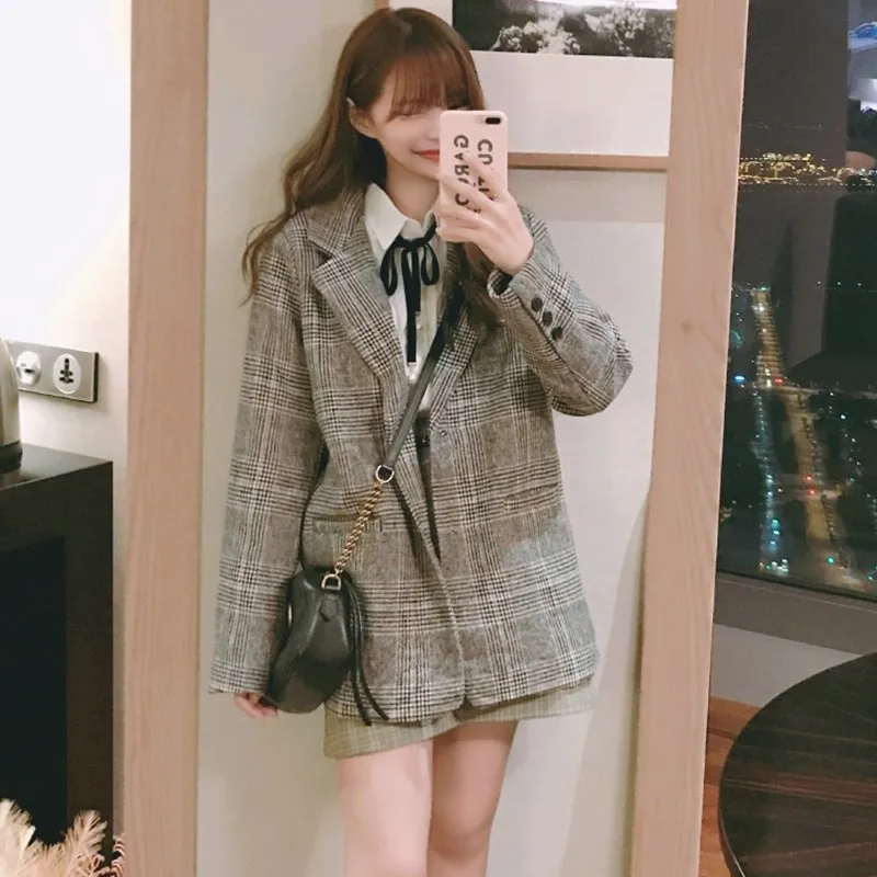 Spring and Autumn Winter Korean version of the new college wind retro plaid long-sleeved suit long woolen jacket