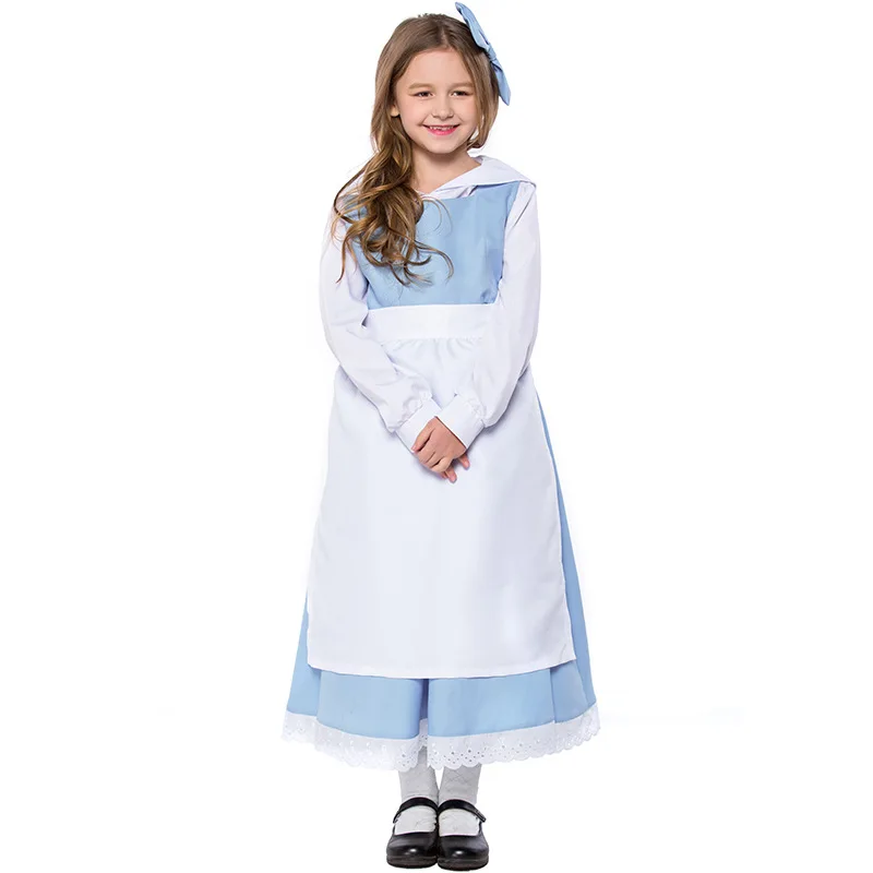 New Mother Daughter Belle Costume Adult Kid Light blue Maid Dress Party Halloween Cosplay Costumes Full Set for Women girl