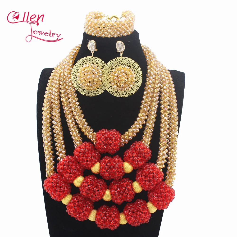 

New Handmade Red Wedding African Bold Beads Jewelry Set Nigerian Bridal Costume Necklace Set Gift Free Shipping W13514