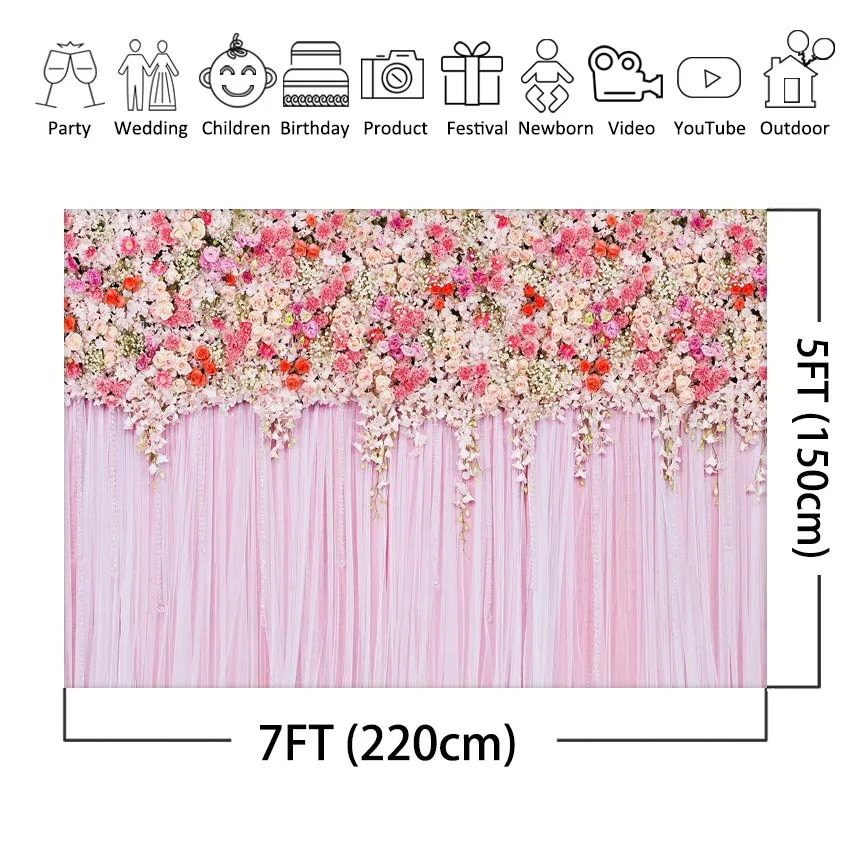 Pink Hanging Flower Printed Photobooth Backdrop Wedding Party Banner Floral Birthday Baby Shower Photography Background