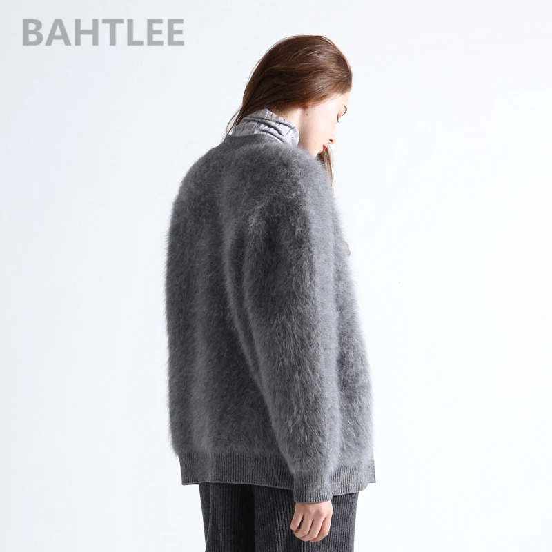 BAHTLEE-Women\'s Knitted Angora Cardigans, V-Neck Sweater, Button Pocket, Very Thick, Keep Warm, Loose Style, Winter