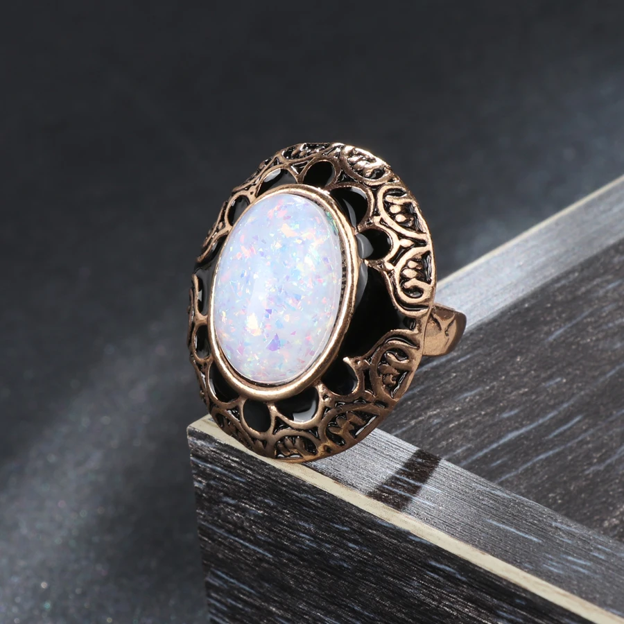 2 Pcs/lot Vintage Big Opal Stone Ring Earrings For Women Black Enamel Antique Gold Jewelry Sets Bohemian Jewellery