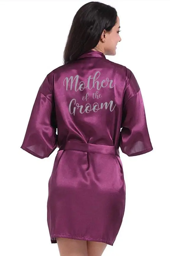 new purple robe silver writing mother of the groom robes wedding Short Bride kimono bridesmaid satin robe drop shipping