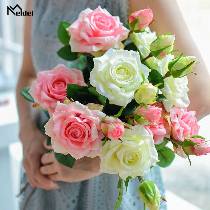 

Meldel Bride Wedding Bouquet Real Touch Rose Flower Artificial Silk Peony Marriage Supplies Home Wedding Party Flower Decoration