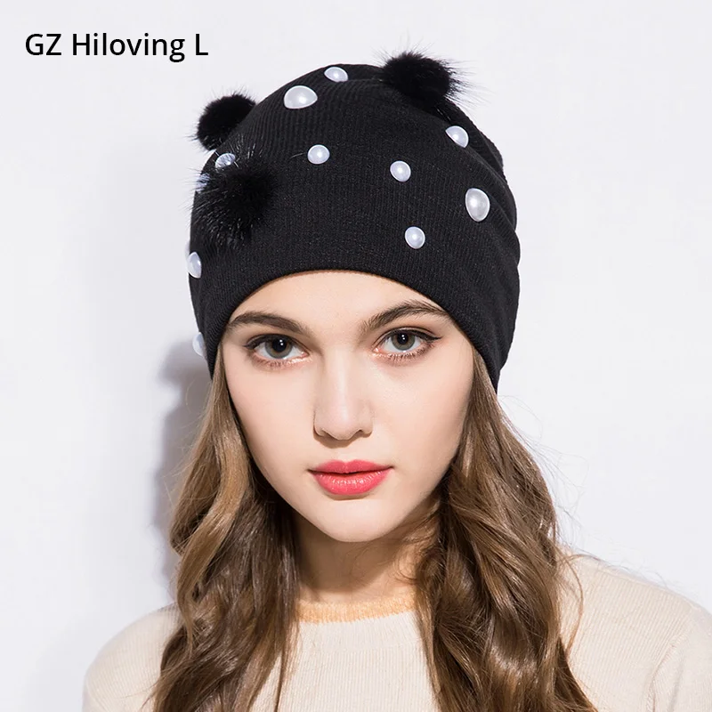 

GZHilovingL 2018 Spring And Autumn New Hat Women's Fashion Cotton Ribbed Beanie With Real Fur Pom Pom Pearl Skullies Beanies Hat