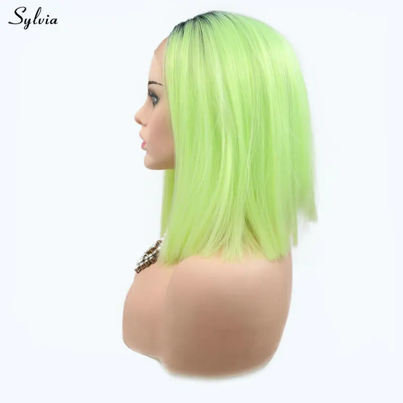 Sylvia Summer Green Wig Ombre Dark Roots Two Tone High Temperature Short Bob Straight Natural Hairline Synthetic Lace Front Wigs