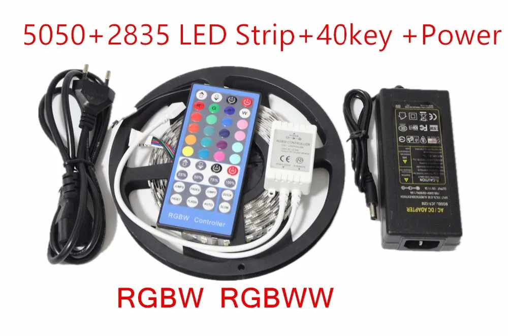 

Double Row RGBW LED Strip 5050 RGB + 2835 White / Warm White DC12V 120 LED/m 5m/lot +40Key controller +5A Power supply kit