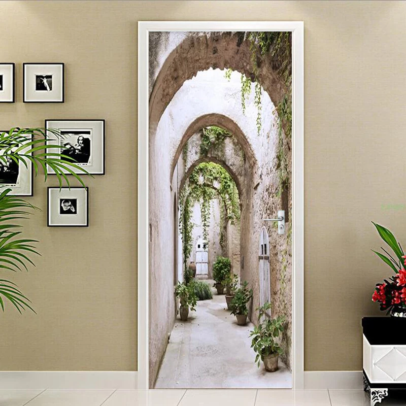 PVC Self-Adhesive Waterproof Mural Wallpaper Modern 3D Stereo Arch Green Leaf Door Sticker Living Room Bedroom Papel De Parede